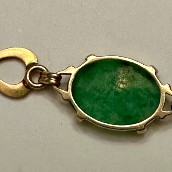 Antique Apple Green Oval Jade Cabochon 14Kt Gold Link Infinity Luck Bracelet - Picture 6 of 7